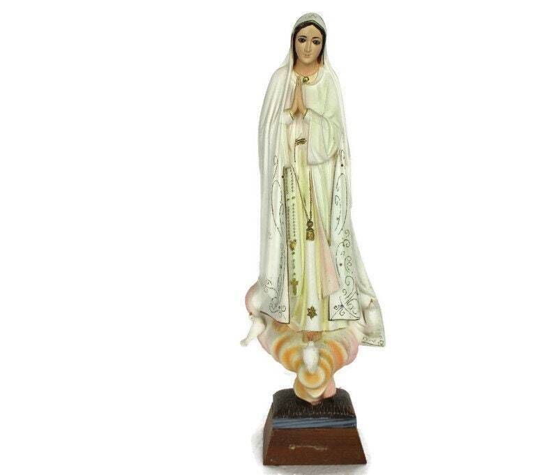 Vintage Our Lady Fatima Resin Statue Glass Eyes Portugal Authentic 17.32"