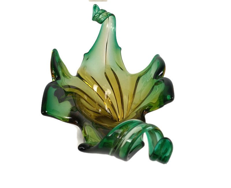 Italian Yellow Green  Bowl Dish Centerpiece Murano Seguso Art Glass Modernist Xl
