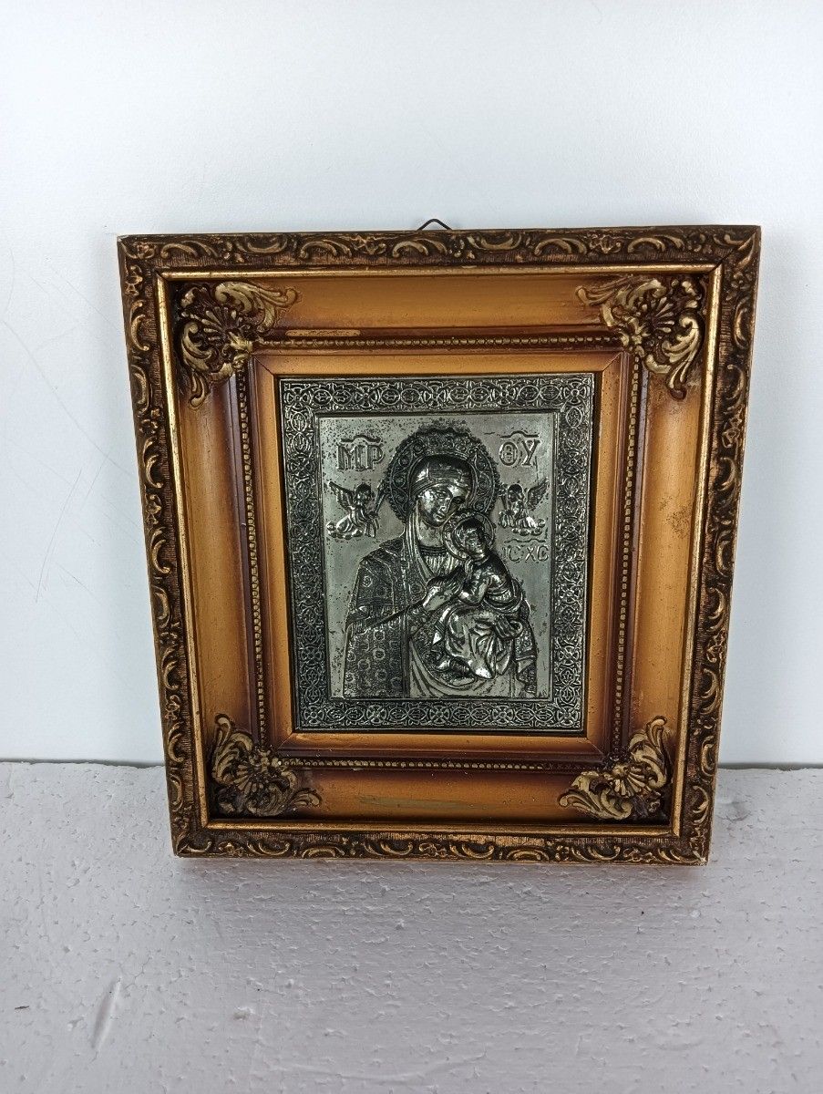 Antique Framed Aluminium  Icon Hand Painted Mary Perpetua Succursu With Infant W photo furniture