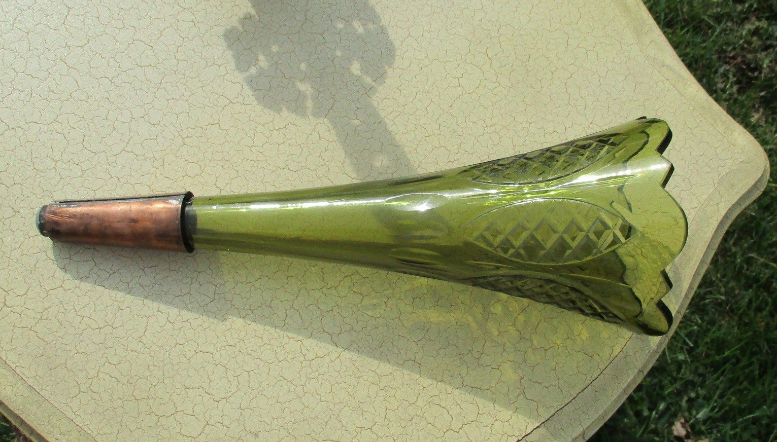 Large Vintage Trumpet Vase Brass Epergne Green Glass Loetz Style Stunning photo 194.0