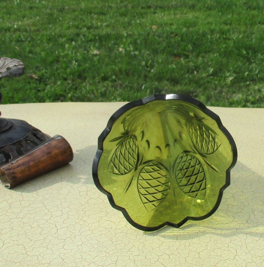 Home Decor Large Vintage Trumpet Vase Brass Epergne Green Glass Loetz Style Stunning photo