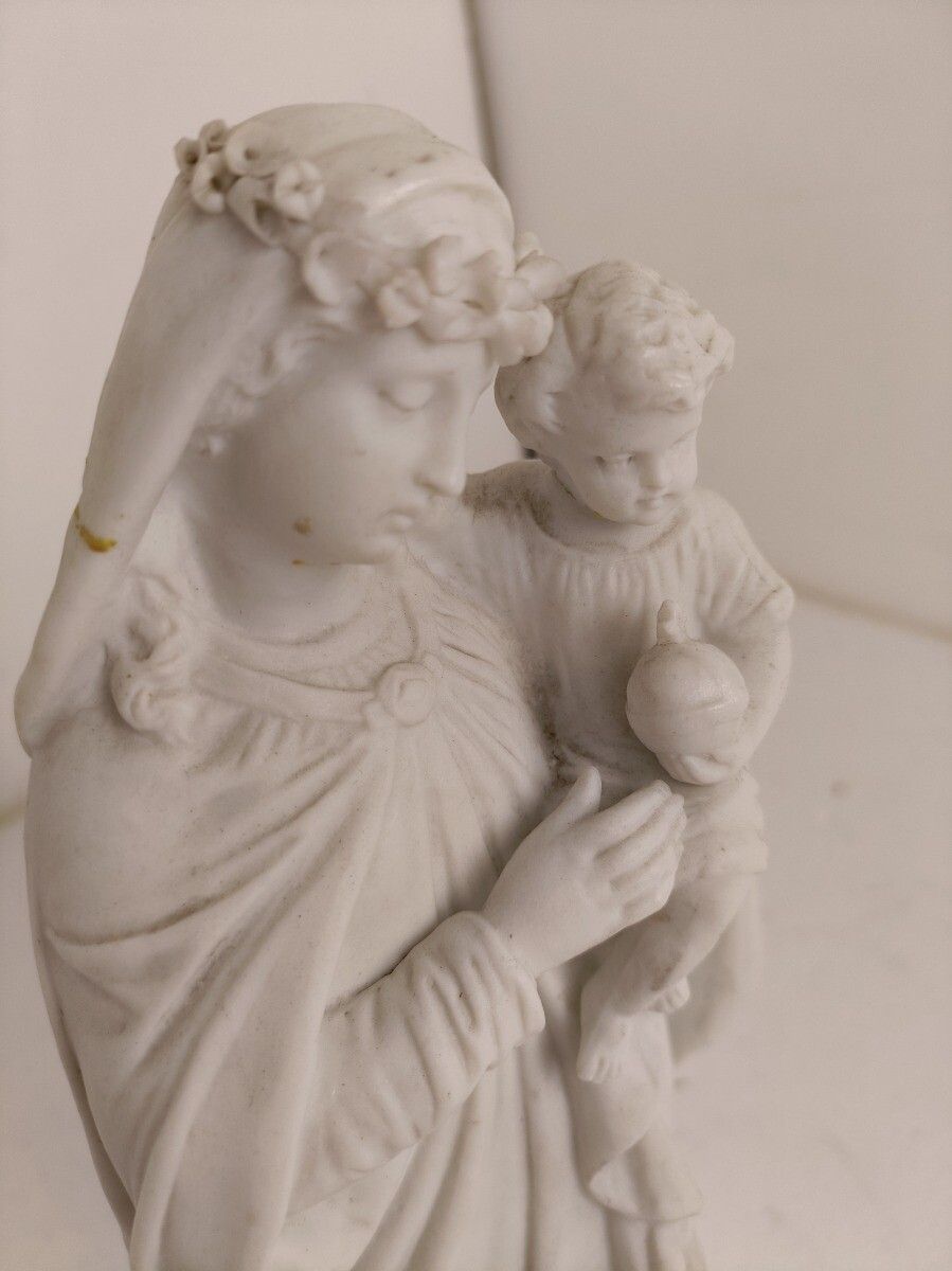 French Antique 1900 Bisque Statue Virgin Mary Our Lady With Infant Child Flower photo vinterior