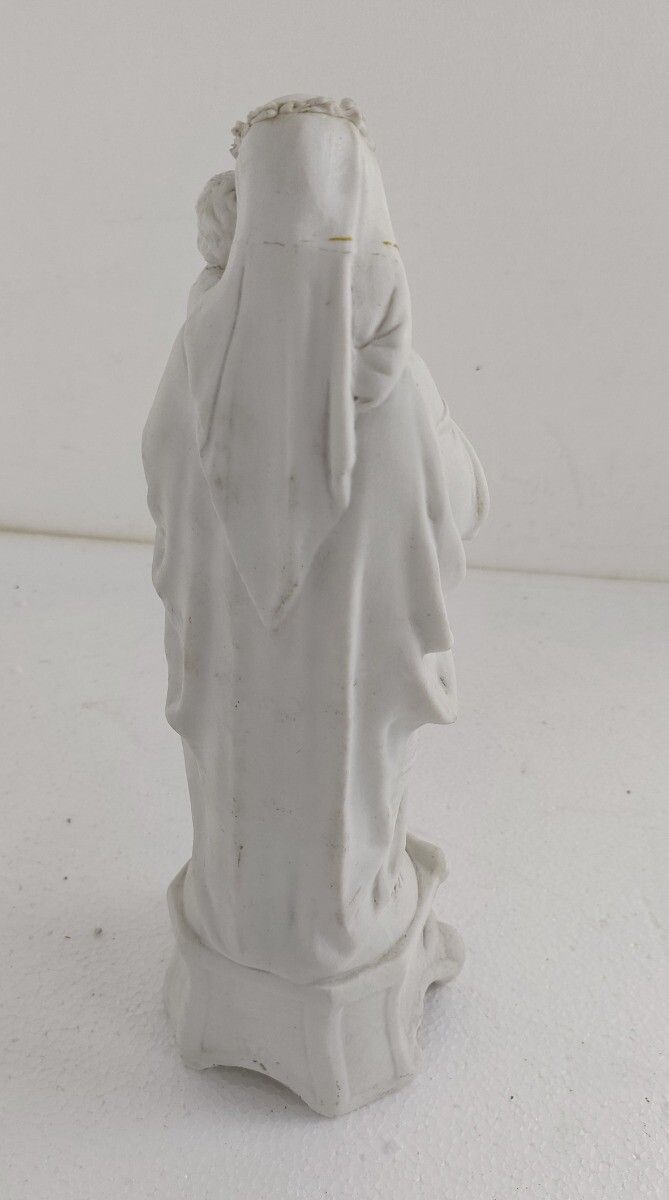 French Antique 1900 Bisque Statue Virgin Mary Our Lady With Infant Child Flower photo vintage