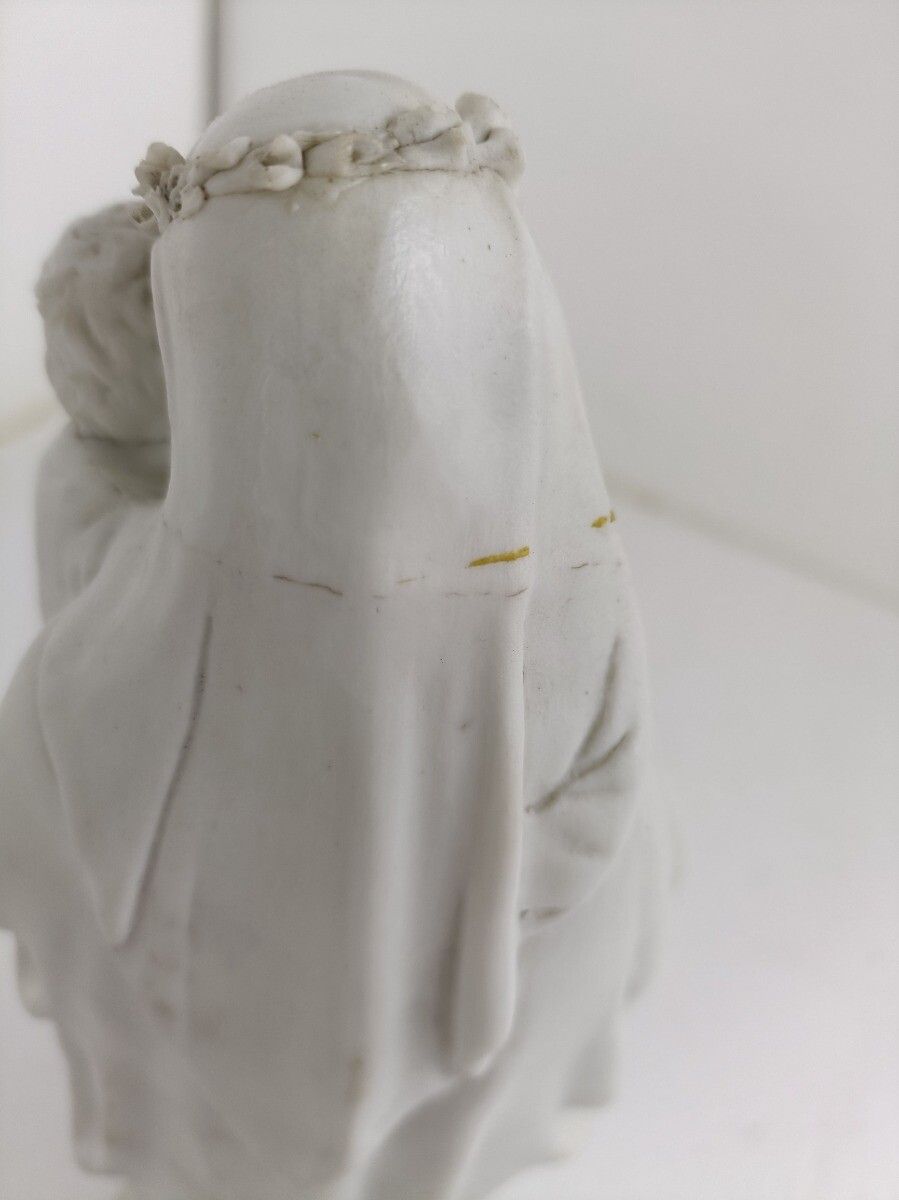 photo furniture French Antique 1900 Bisque Statue Virgin Mary Our Lady With Infant Child Flower