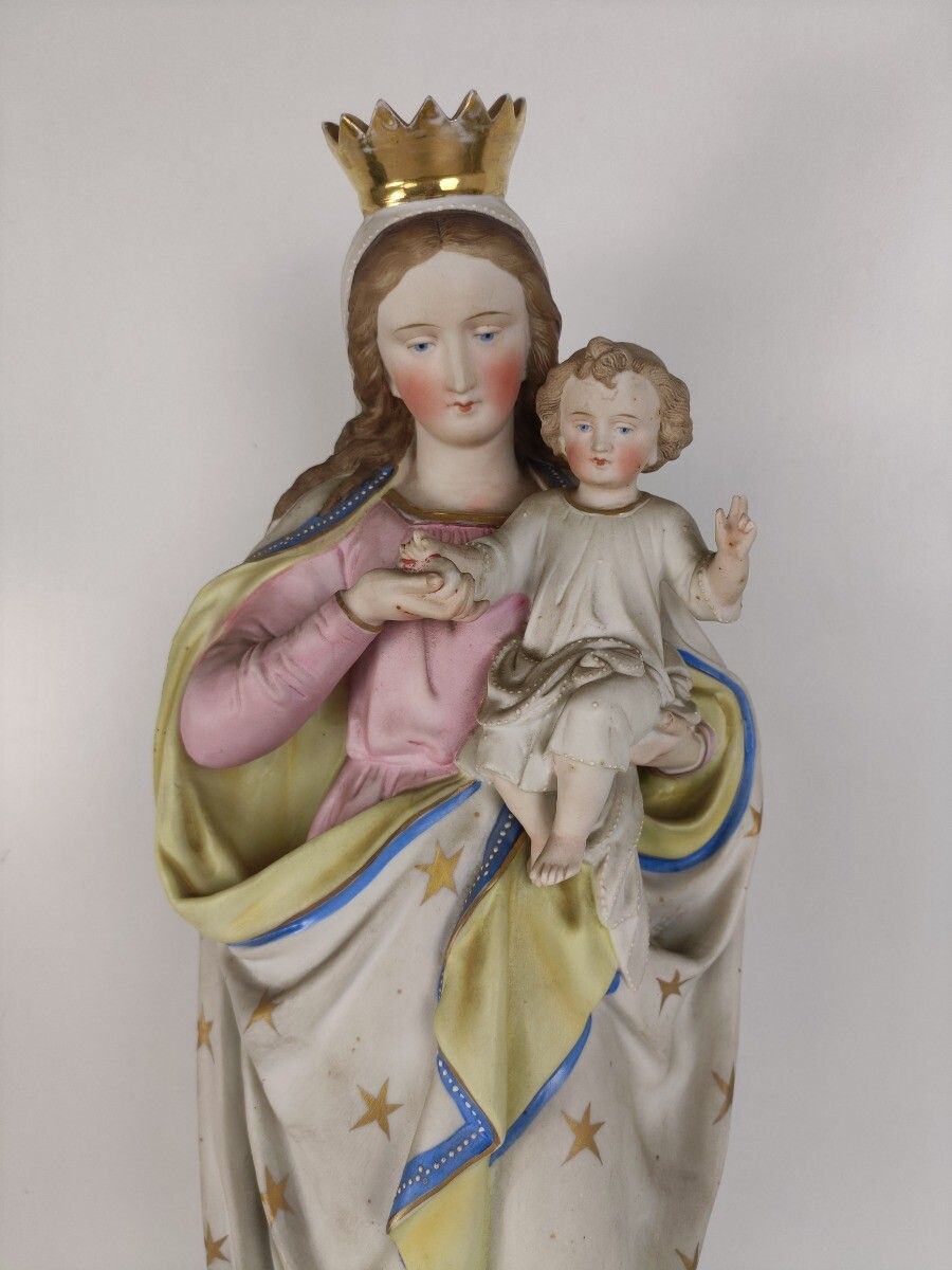 L French Antique Bisque Statue Virgin Mary Lady Madonna Infant Polychrome Antiqu photo furniture