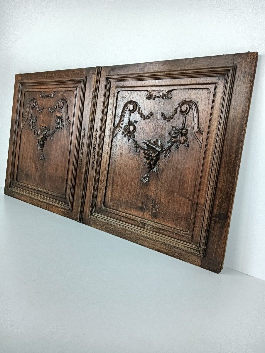 Pair Antique Door Panels Carved Wood Ornate  Grapes Architectural Reclaimed Salv photo furniture