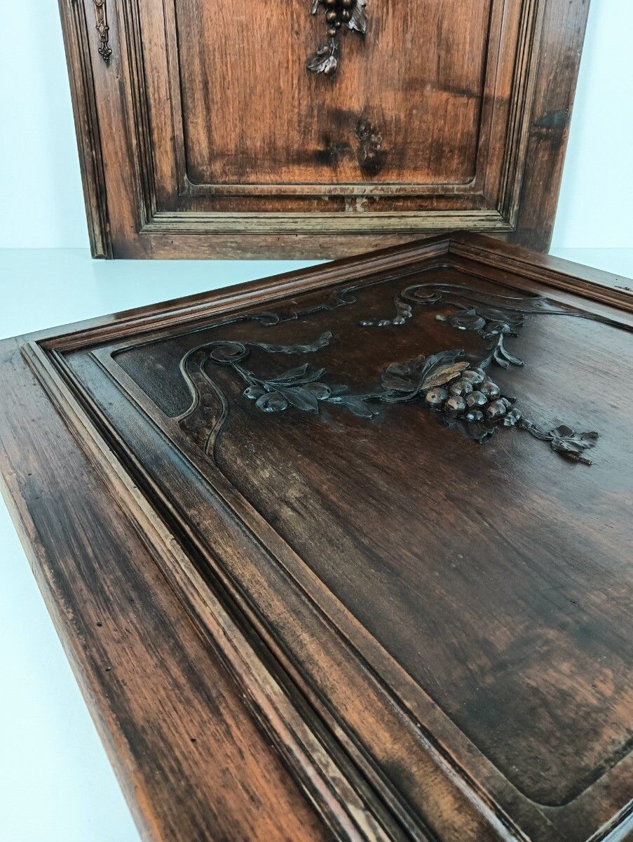 Pair Antique Door Panels Carved Wood Ornate  Grapes Architectural Reclaimed Salv photo vintage