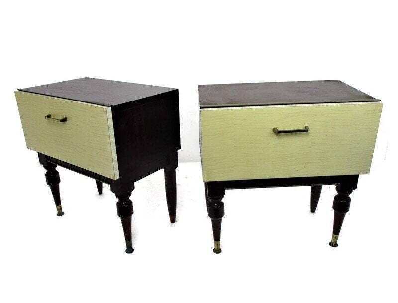 Pair Couple Double Vintage Nightstands End Tables Mid Century Modern Wood Retro
