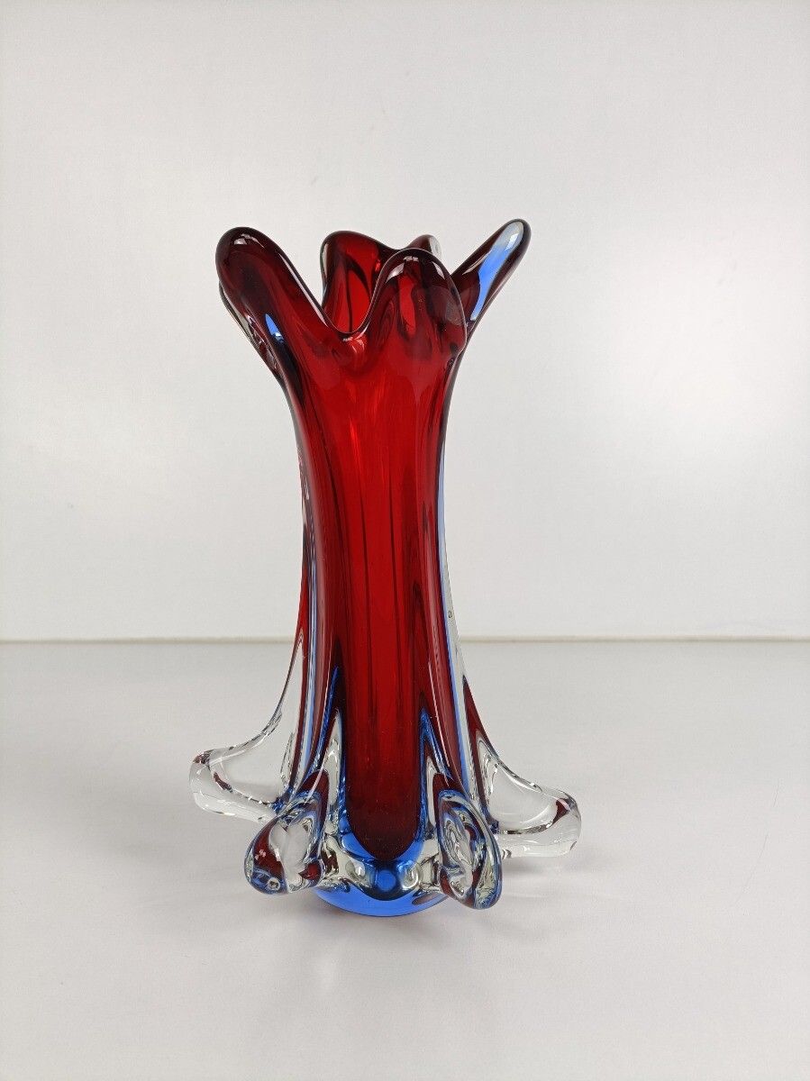 Italian Vintage Red  Blue Art Glass Vase Murano Style  Beautiful Hand Blown photo furniture