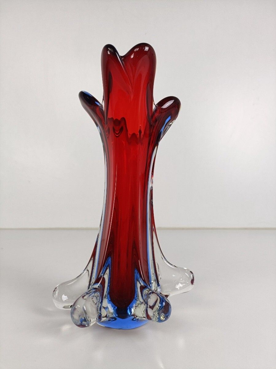 Italian Vintage Red  Blue Art Glass Vase Murano Style  Beautiful Hand Blown photo 223.0