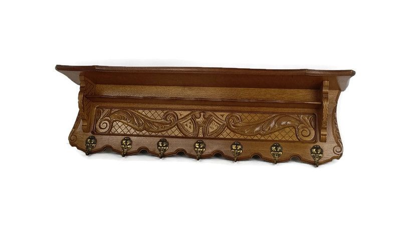 Antique Coat Rack Hat Rack Hand Carved Wood  Crown Shields Lovely Wall Hanging