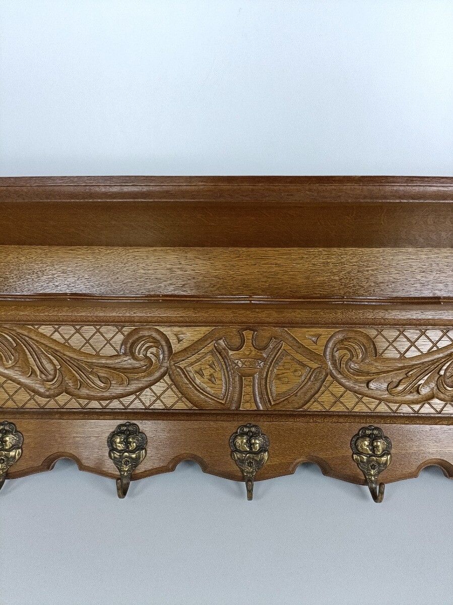 Antique Coat Rack Hat Rack Hand Carved Wood  Crown Shields Lovely Wall Hanging photo buy