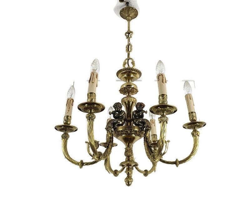 Exquisite Hollywood Regency Chandelier 6 Arm Bronze Patinated Cherubs Trumpet