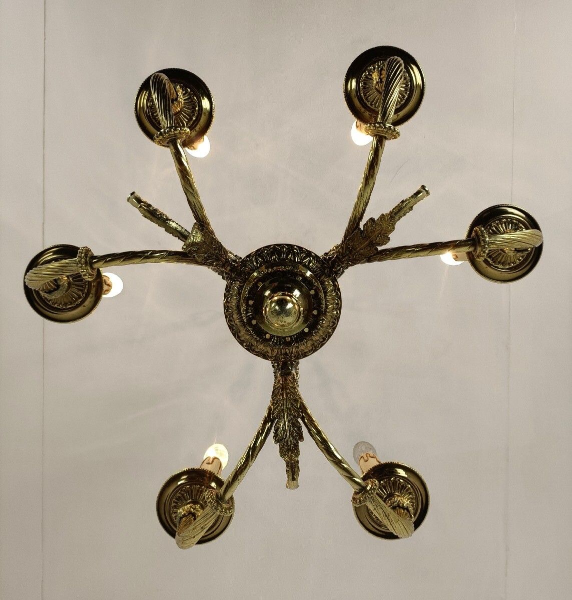 Exquisite Hollywood Regency Chandelier 6 Arm Bronze Patinated Cherubs Trumpet photo buy