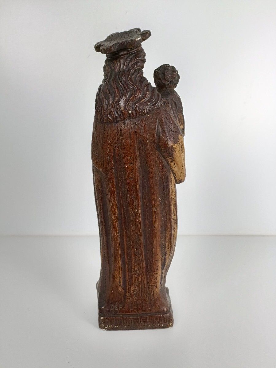 Large Statue Art Deco Brown Plaster Madonna Virgin Mary With Infant Jesus photo vinterior