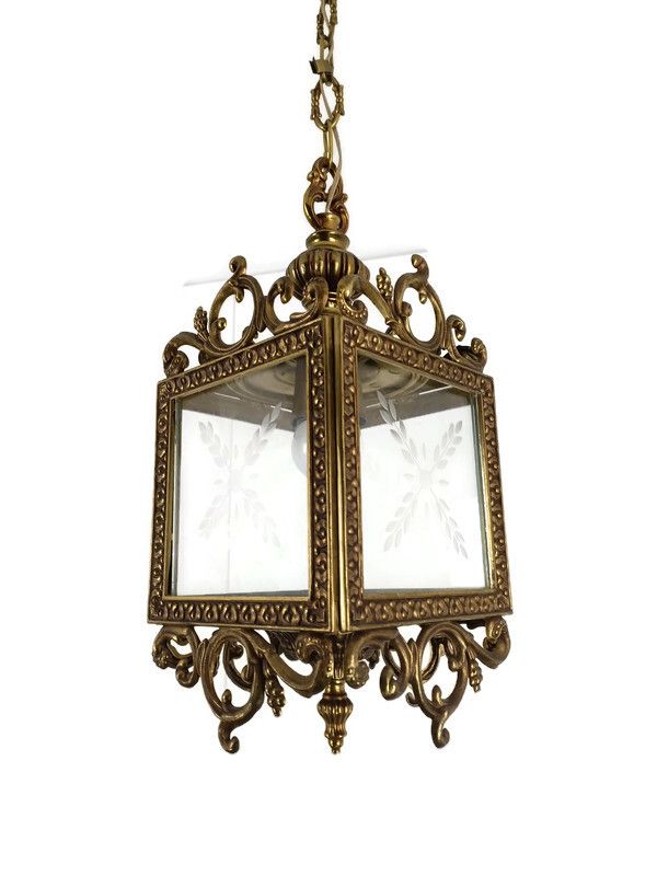 Hall Lamp Chandelier Etched Glass Vintage Hanging Light  Fixture Ceiling  Brass