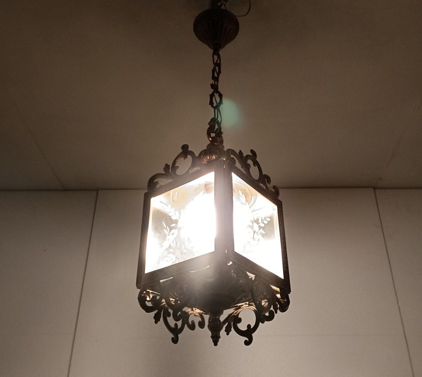 Hall Lamp Chandelier Etched Glass Vintage Hanging Light  Fixture Ceiling  Brass photo for sale