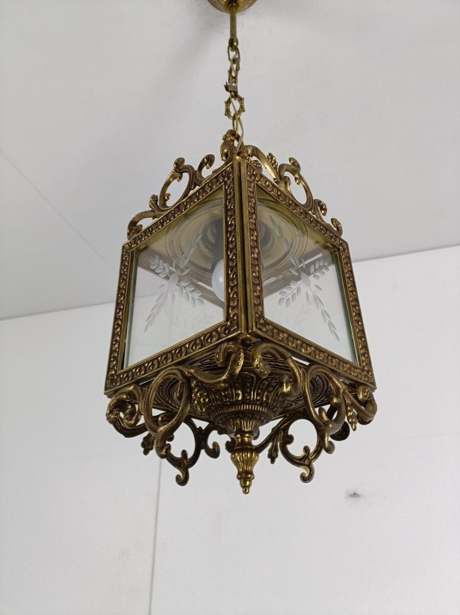 Hall Lamp Chandelier Etched Glass Vintage Hanging Light  Fixture Ceiling  Brass photo vinterior