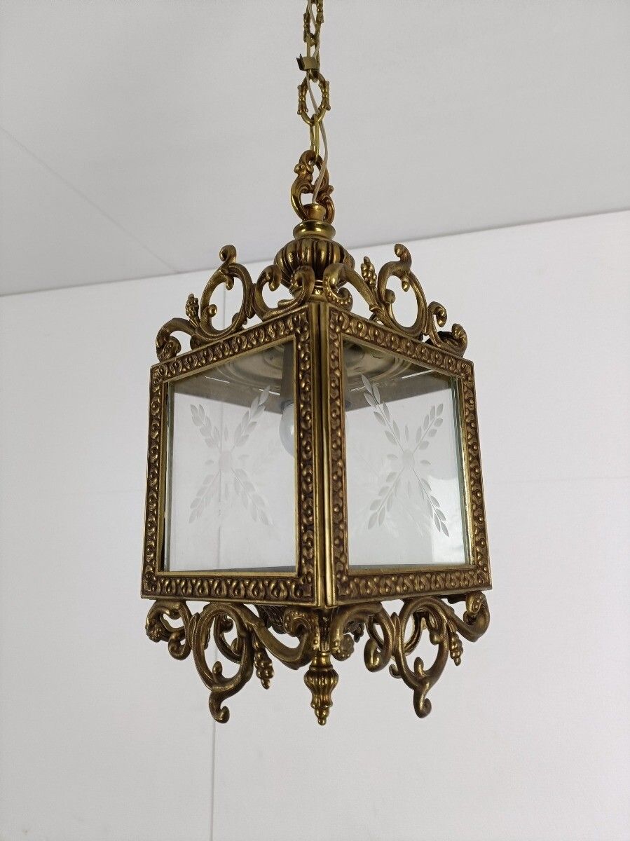 Hall Lamp Chandelier Etched Glass Vintage Hanging Light  Fixture Ceiling  Brass photo buy