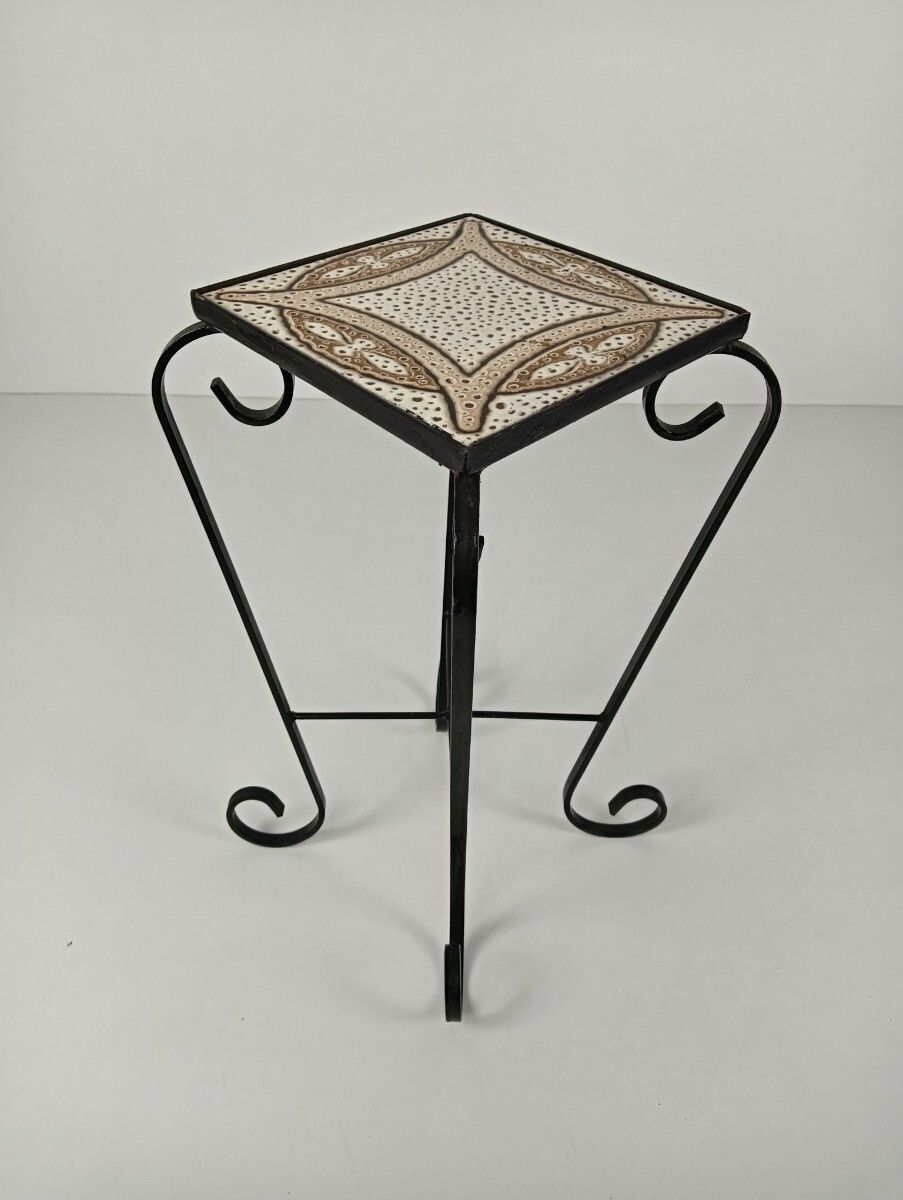 Vintage Wrought Iron Ceramic Tiles Top Small Side Occasional Wine Table Retro Fu photo 223.0