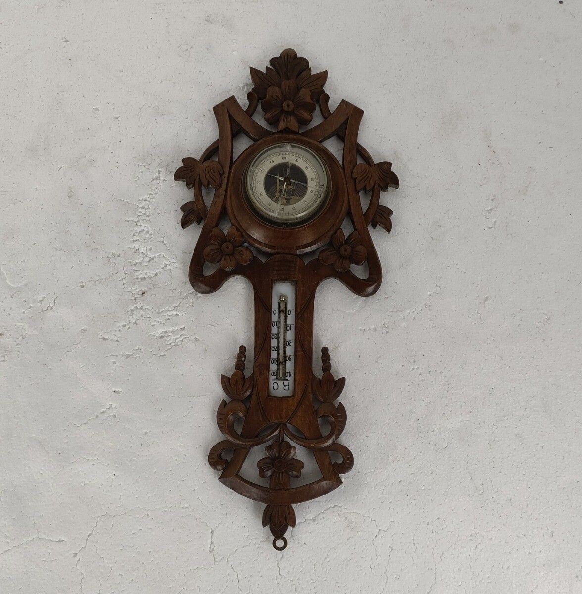 German Hand Carved Wood Barometer Thermometer Weather Station Black Forest Style photo furniture