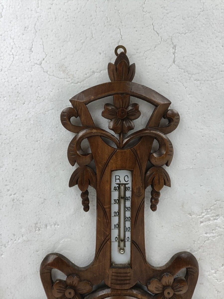 German Hand Carved Wood Barometer Thermometer Weather Station Black Forest Style photo Home Decor
