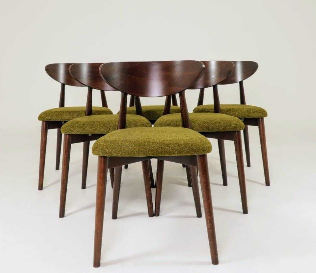 Dining Chairs Set Of 6 , Dark Walnut Green Grass Upholstery, Natural Design