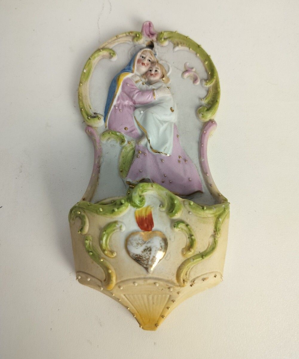 photo furniture Antique Holy Water Font Vessel Bisque Porcelain Polychrome Virgin Mary Infant Ho