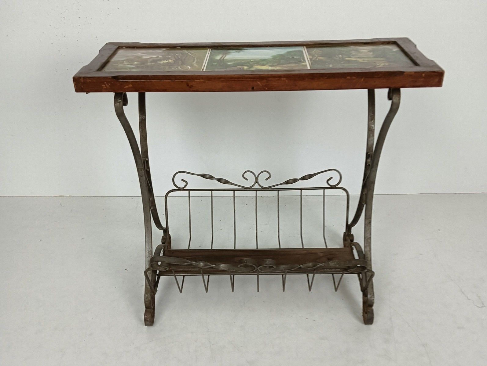 Vintage Magazine Newspaper Basket Side Table Ceramic Tiles Wrought Iron Dutch photo for sale