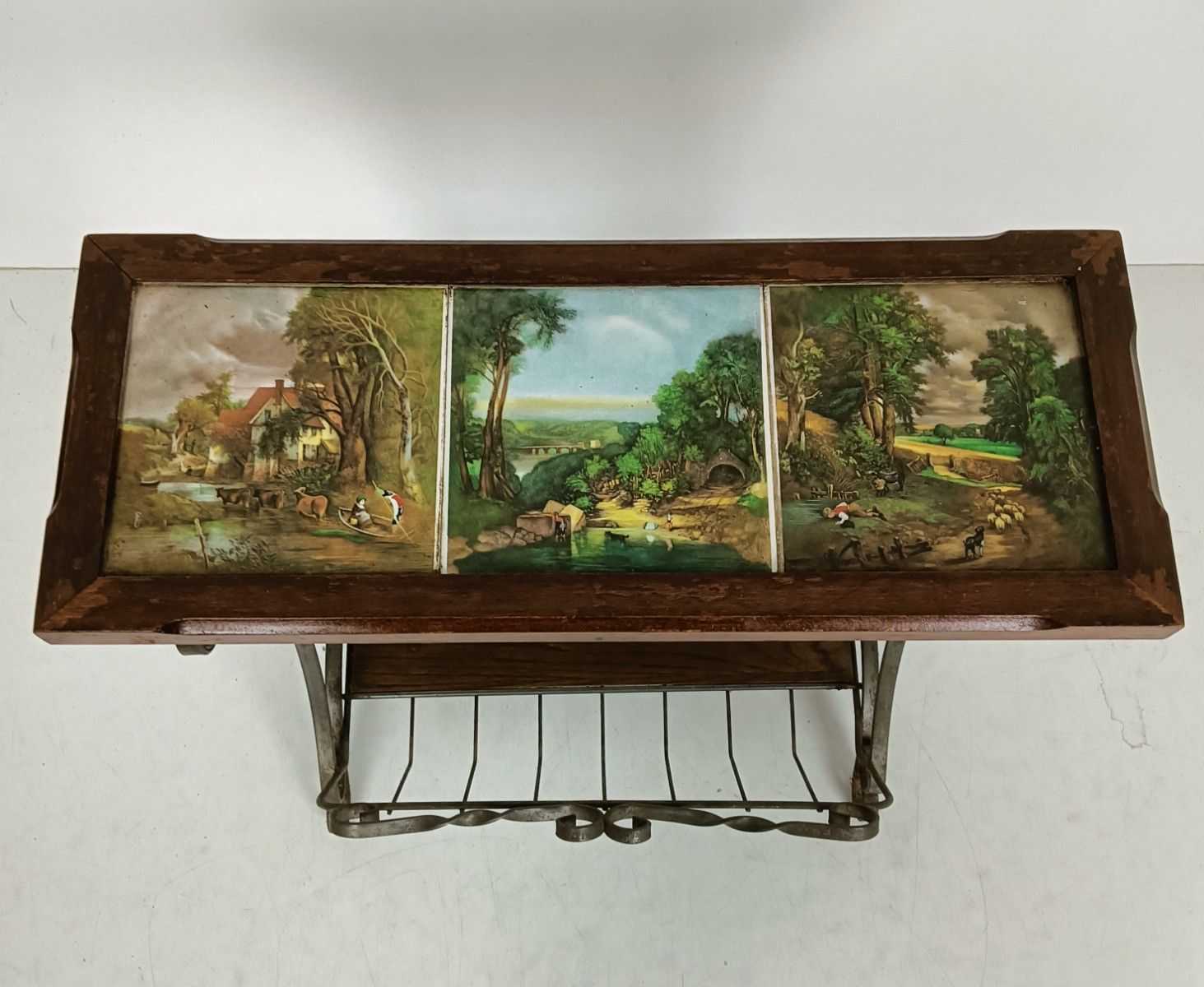 photo for sale Vintage Magazine Newspaper Basket Side Table Ceramic Tiles Wrought Iron Dutch