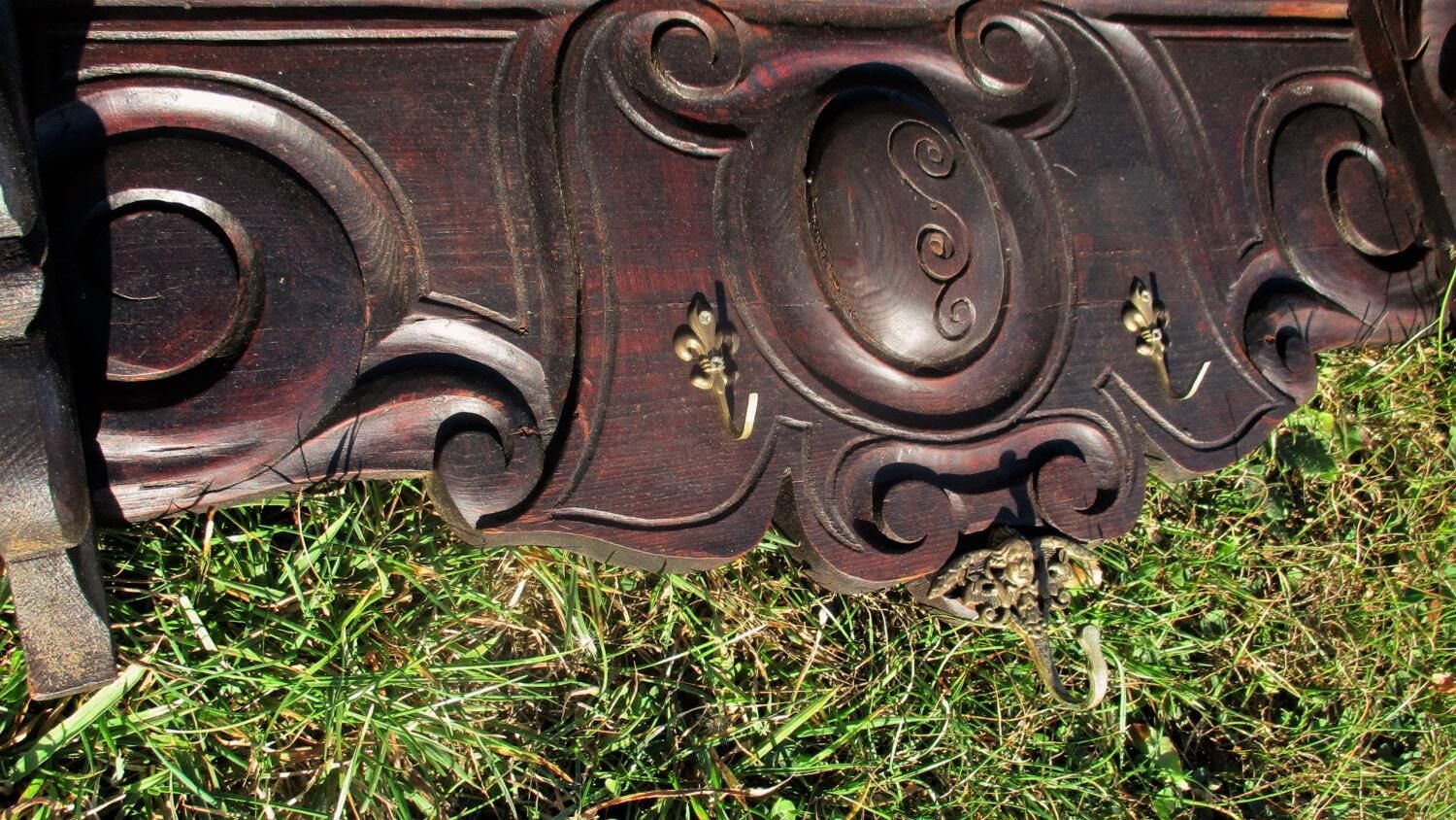 French Dark Wooden Gorgeous Antique Hand Carved Wood Coat Hat Rack photo for sale