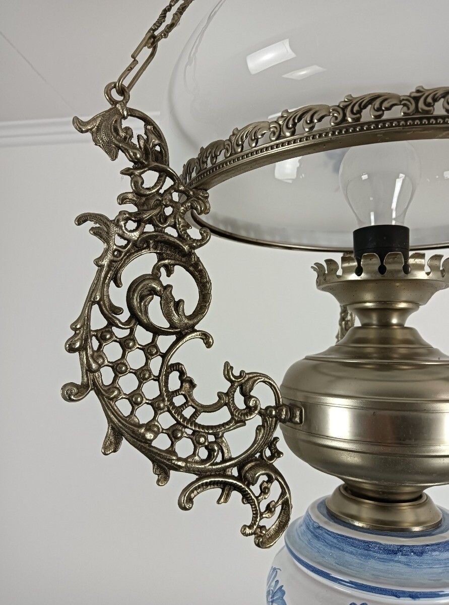 photo for sale Gorgeous Delft  Chandelier Blue White With Lampe Belge Antique French Country St