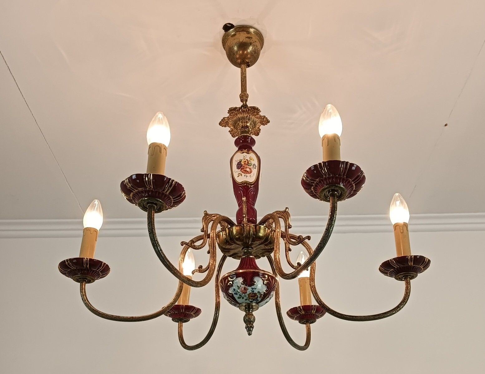 Lighting Chandelier Porcelain Polychrome Flowers Italian Italy Vintage 6 Lights Romantic photo