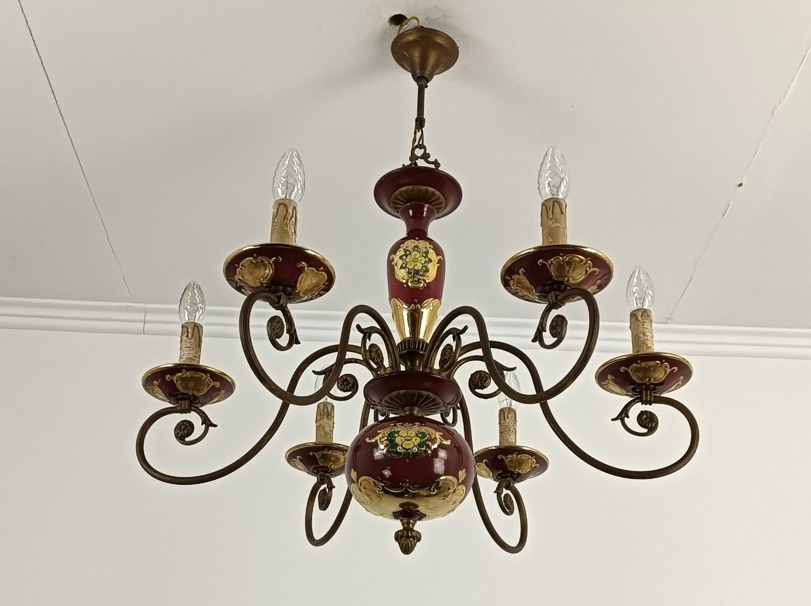 Lighting Venetian Italian Porcelain Pottery Faience Chandelier Vintage 6 Lights Beautiful photo