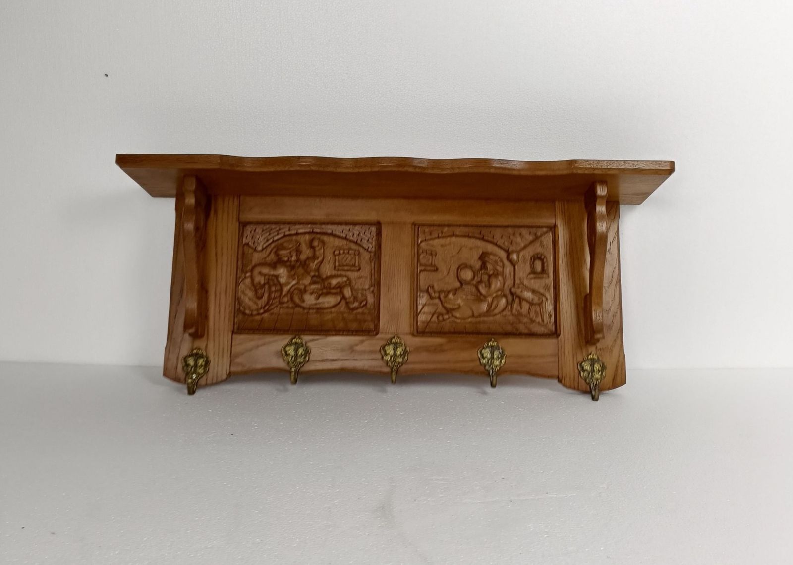 Hand Carved Wood Coat Hat Rack Ornate Oriental Scenes 50s 60s photo furniture