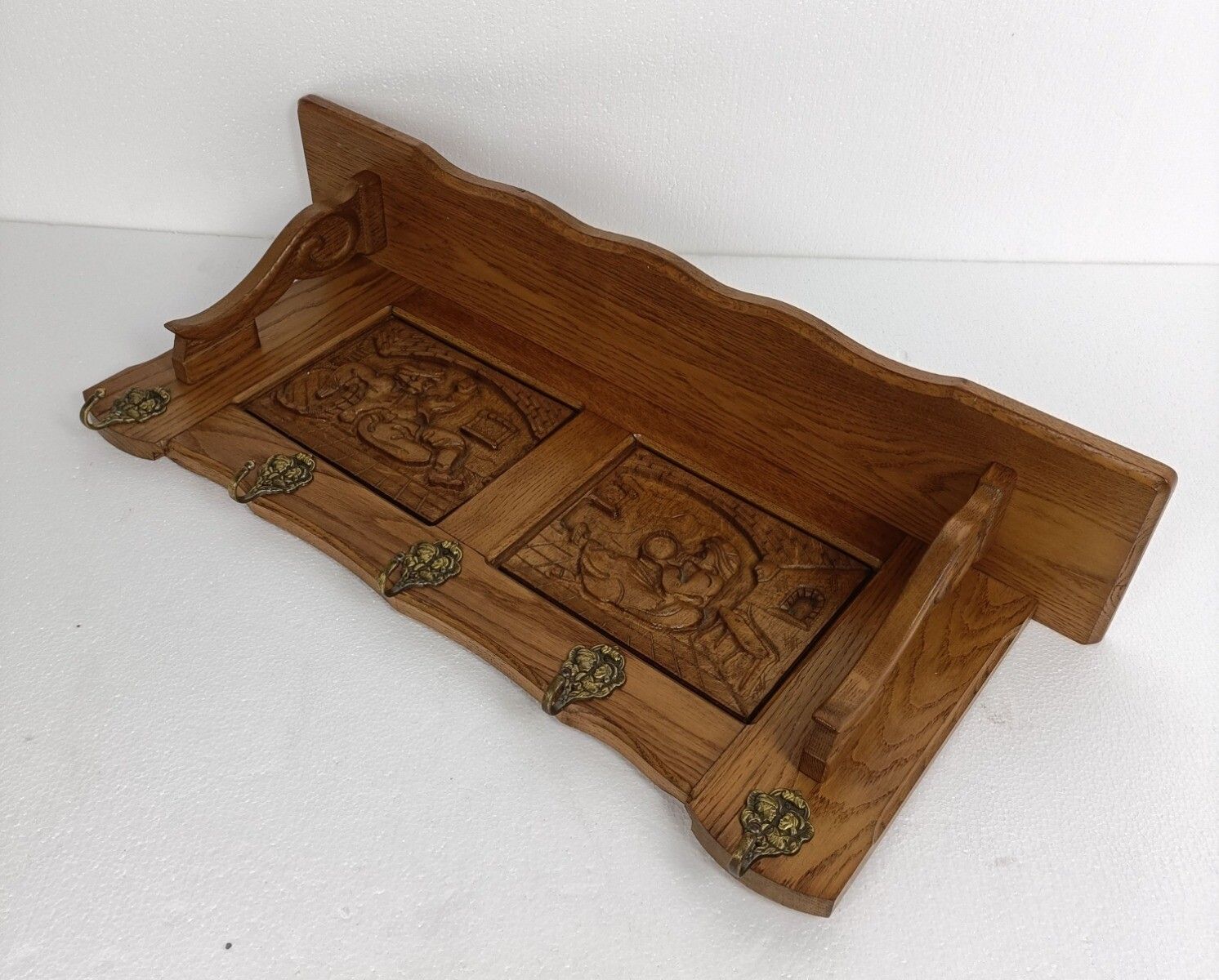 Hand Carved Wood Coat Hat Rack Ornate Oriental Scenes 50s 60s photo vintage