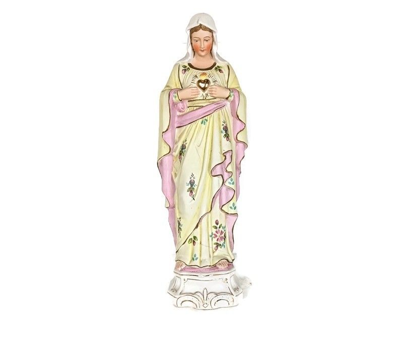 Antique Porcelain Bisque Hand Painted Madonna Virgin Mary Holy Heart