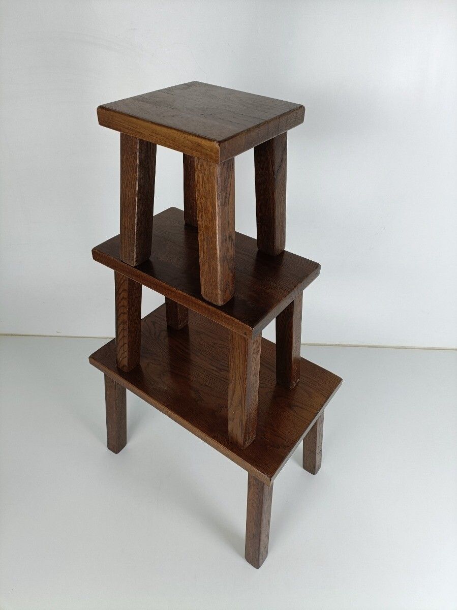 Set Of 3 Mid Century Wooden Stacking Nesting Tables Side Coffee Tables Brutalist photo Furniture