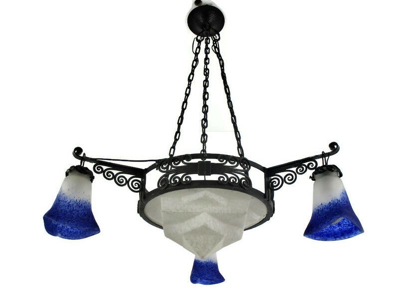 Art Nouveau Deco  French Pate De Verre Chandelier Glass Paste Wrought Iron Wow