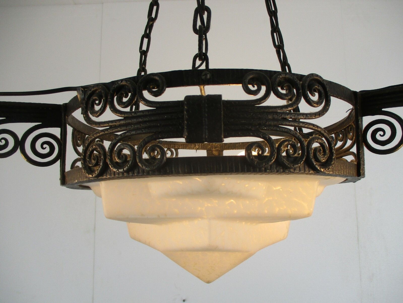 Art Nouveau Deco  French Pate De Verre Chandelier Glass Paste Wrought Iron Wow photo vinterior