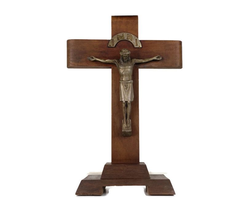 Art Deco Standing Crucifix Wood Oak Spelter Corpus Modernist Antique Cross