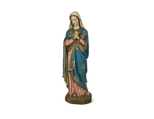 Large Antique Polychrome Madonna Statue Church Monastery Plaster Neo Gothic Virg