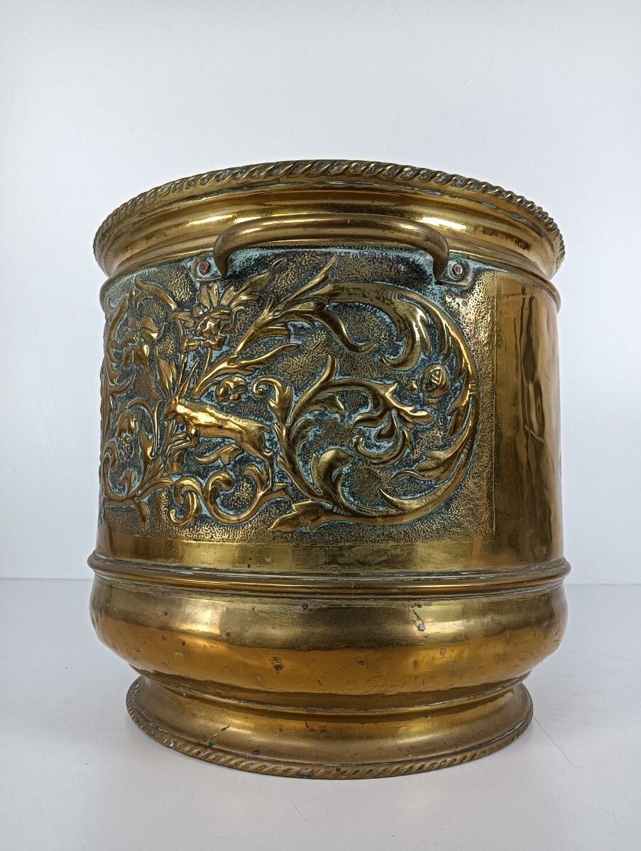 photo furniture Stunning Antique Kettle Brass Ornate Planter 19th Century Deer Hunting Scenes Co