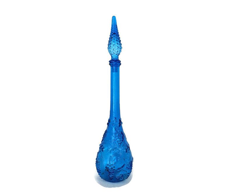 Art Bubbled Glass  Blue  Empoli  Bottle Italian Grapes Rare Color Collector Pop