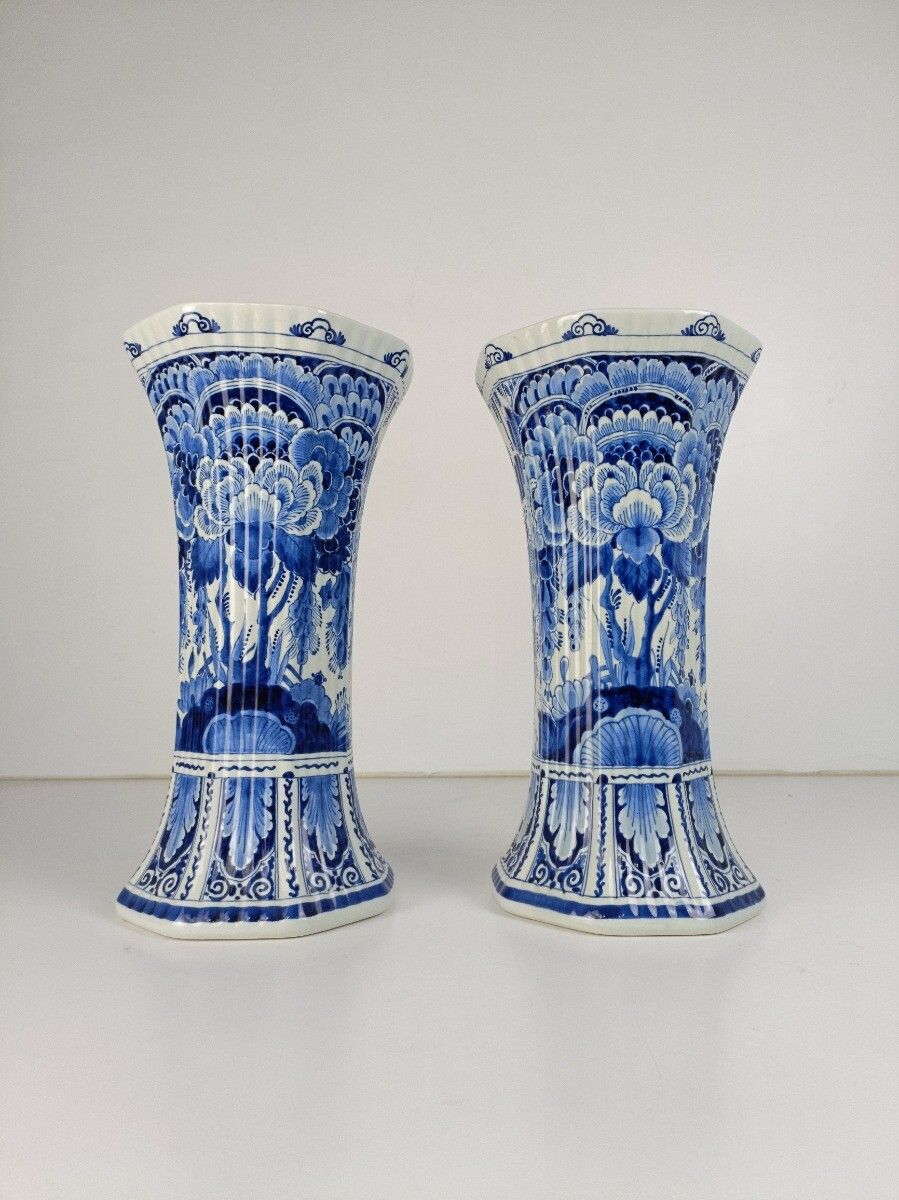 Pair Of Porceleyne Fles Hand Painted Delfts Delft Blue Holland Trumpet Vases Mar photo furniture