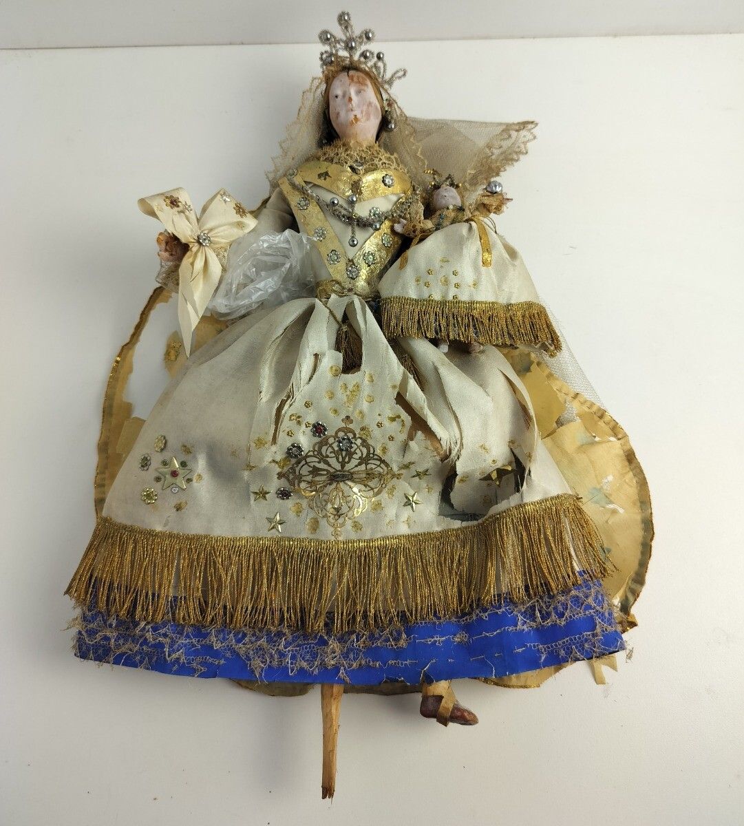 Antique Extremely Rare Stake Madonna Flanders Hand Made Wax Paper Doll 1800s Vir photo furniture