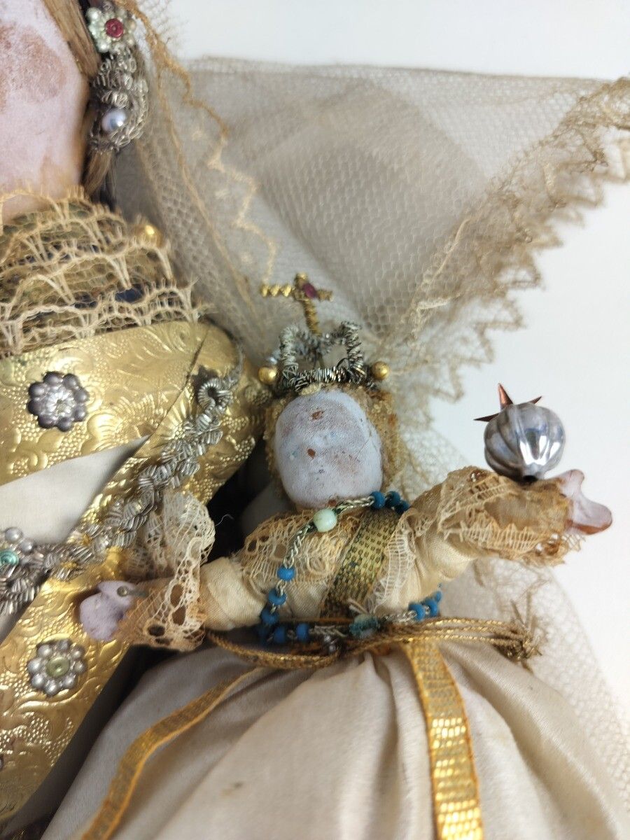 Antique Extremely Rare Stake Madonna Flanders Hand Made Wax Paper Doll 1800s Vir photo vinterior