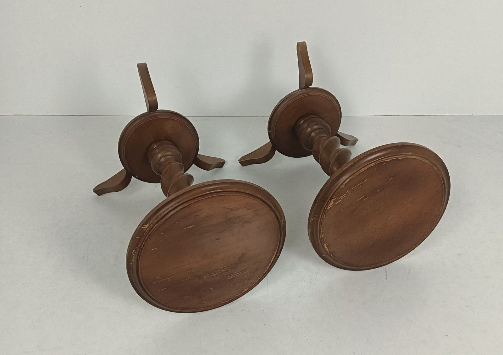 Pair Lovely Vintage Barley Twist Carved Wood Pedestals Tripod Legs, Side Tables photo for sale
