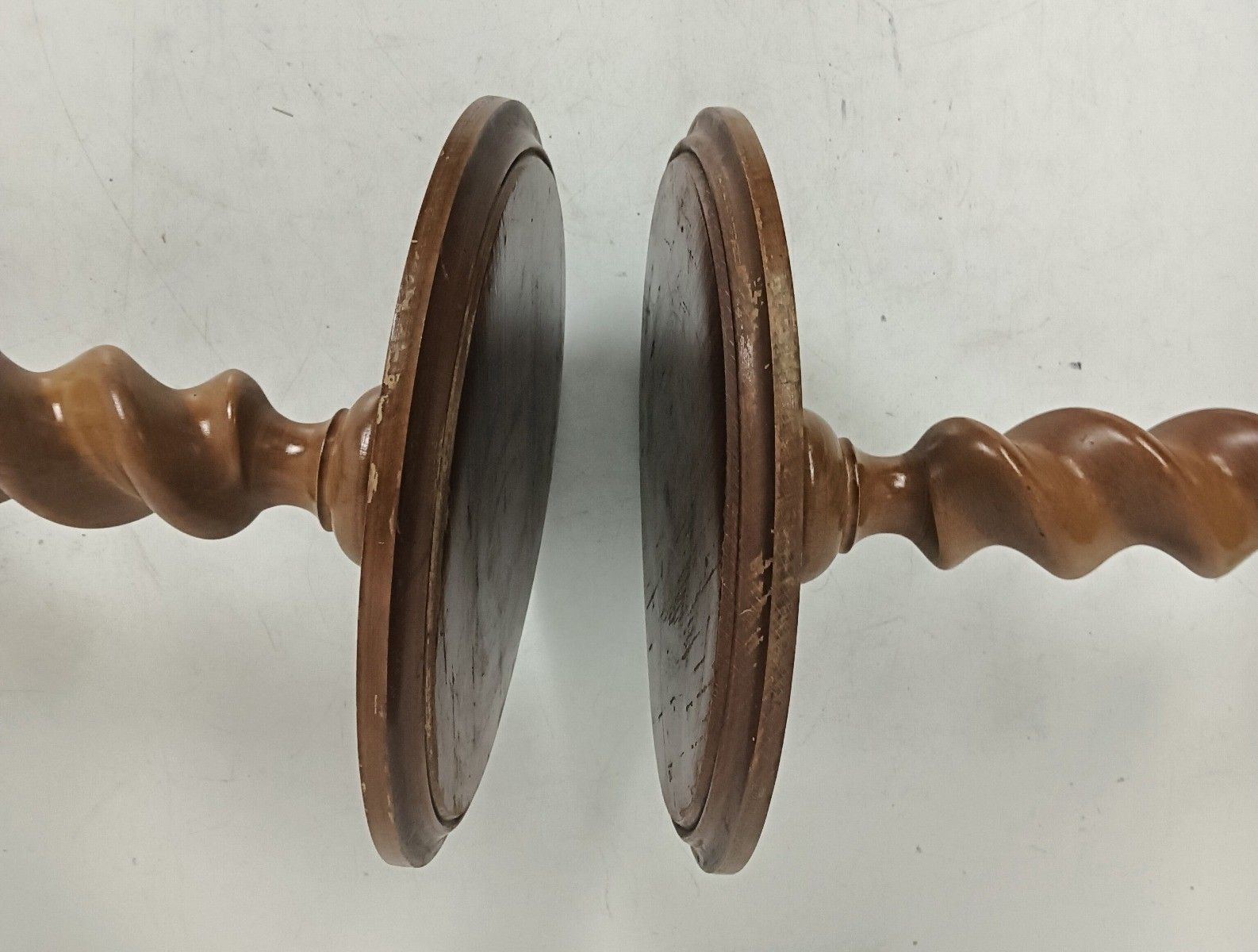 Pair Lovely Vintage Barley Twist Carved Wood Pedestals Tripod Legs, Side Tables photo vintage