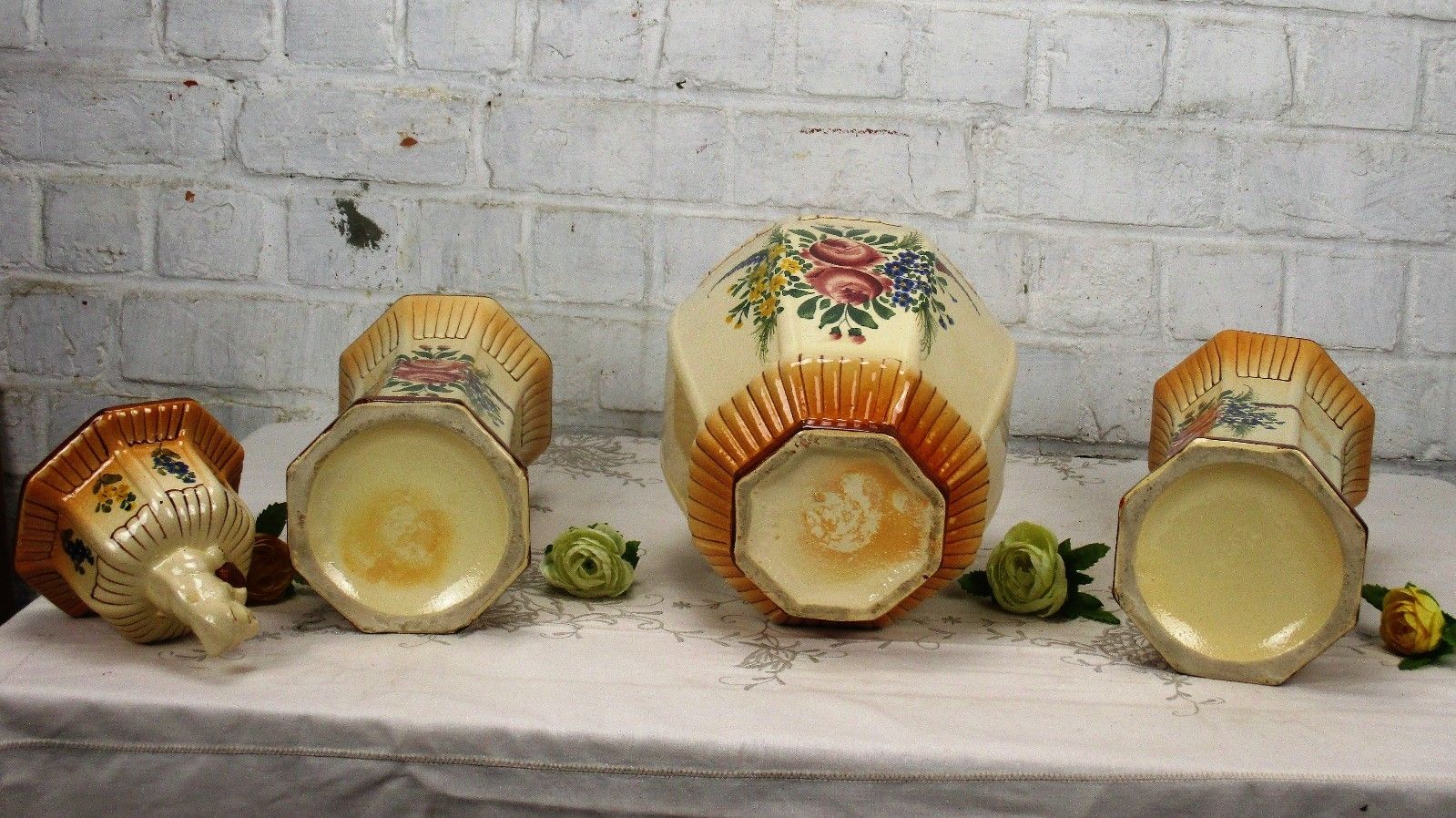 Garniture Mantle Set 2 Vases Matching Urn Porcelain Stoneware Foo Dog Rare photo vinterior